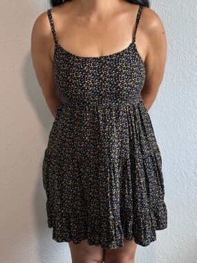 Hollister Black Lace Up Back Mini Dress with Orange & White Floral Print Size XS